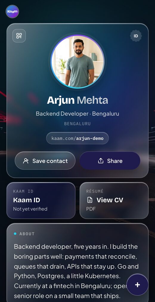 Arjun's Kaam ID in the Glass look
