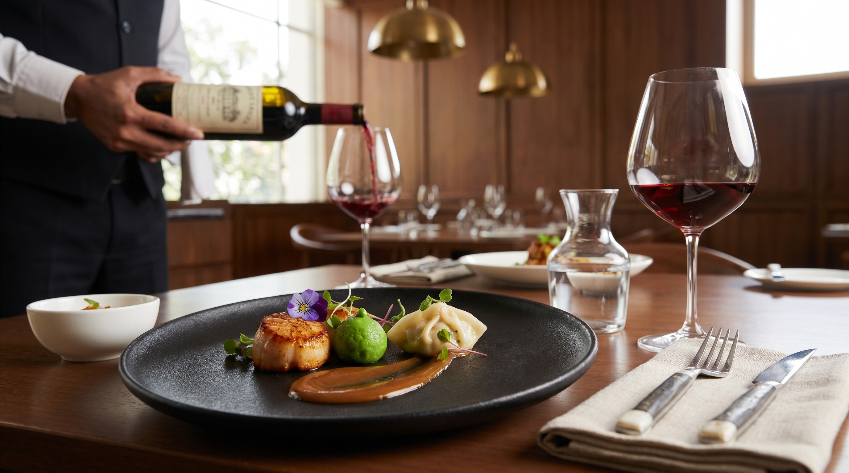 A precisely plated tasting course on matte hand-thrown stoneware, a Riedel Burgundy glass catching window light, hand-forged steel cutlery on linen — the multisensory architecture of a modern Indian fine-dining cover.