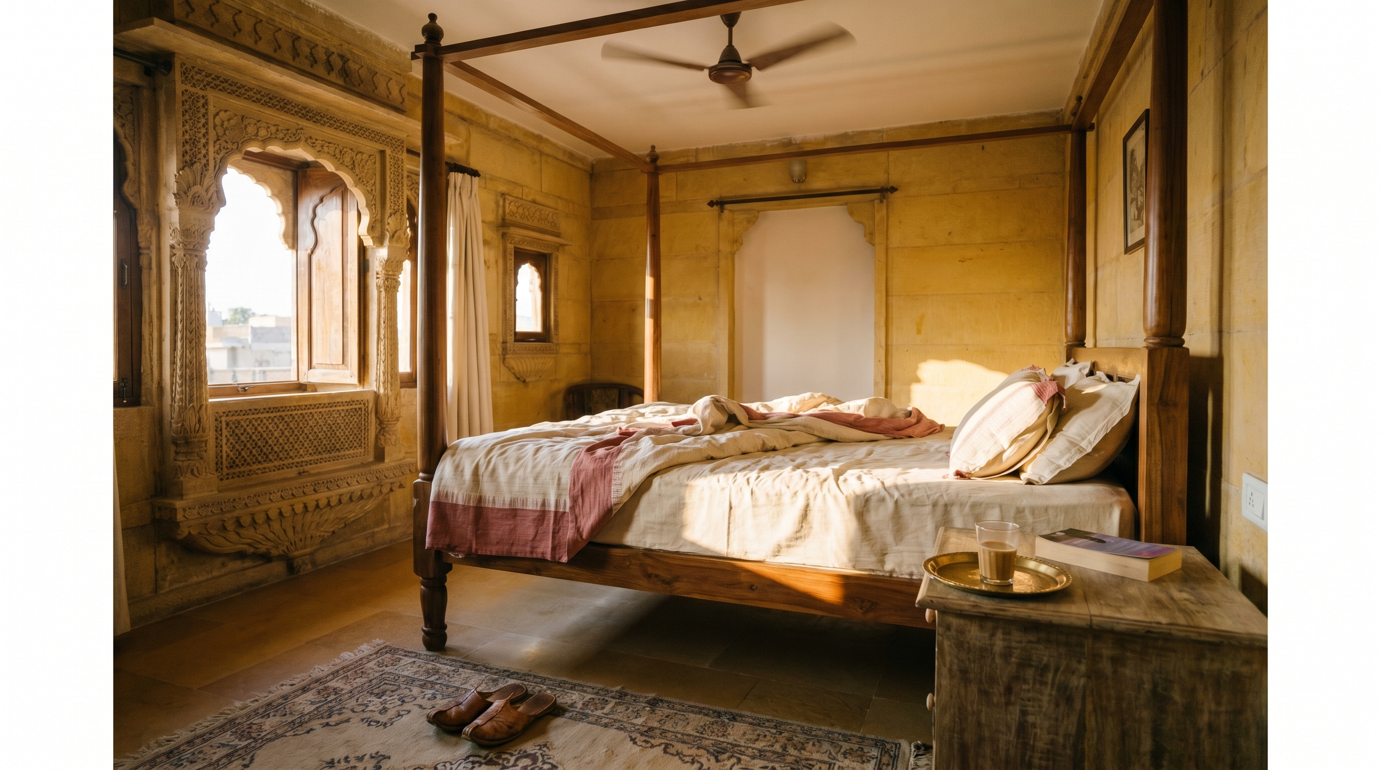A heritage Indian boutique hotel courtyard with sandstone walls, brass lamps and marigold strings at golden hour