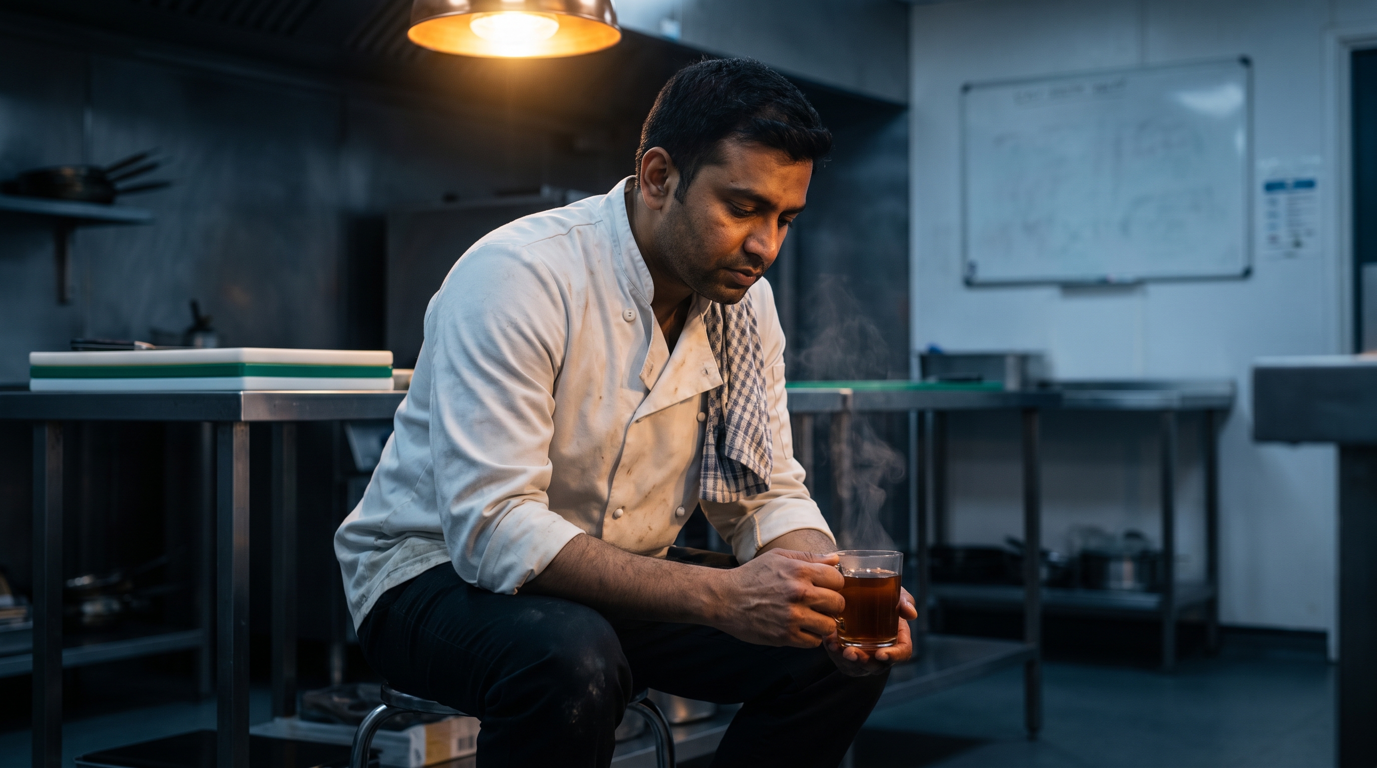 A tired Indian chef sitting in his kitchen after the dinner service ends