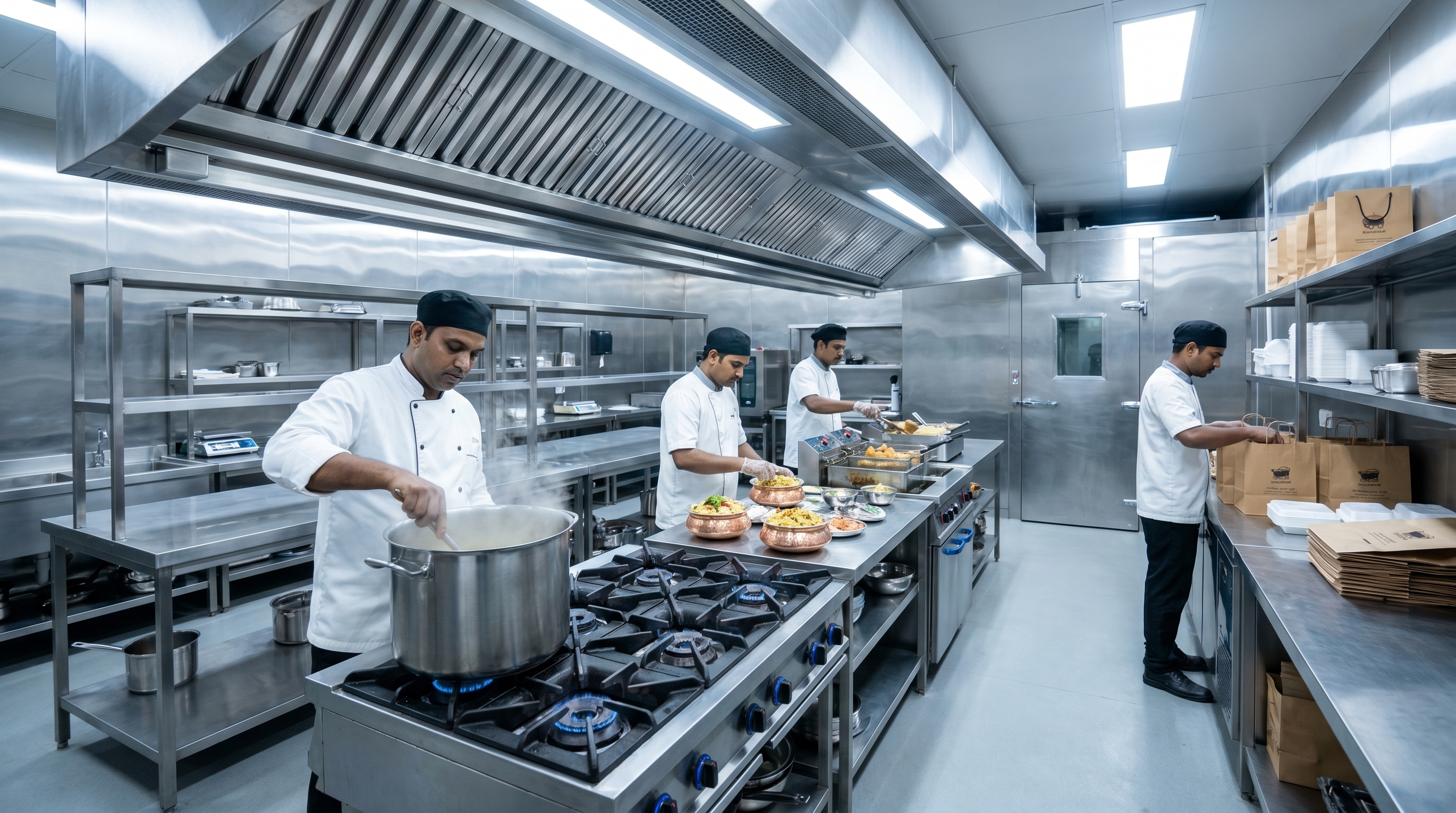 A clean industrial cloud kitchen with cooks at separate stations and stacked delivery bags at a dispatch counter