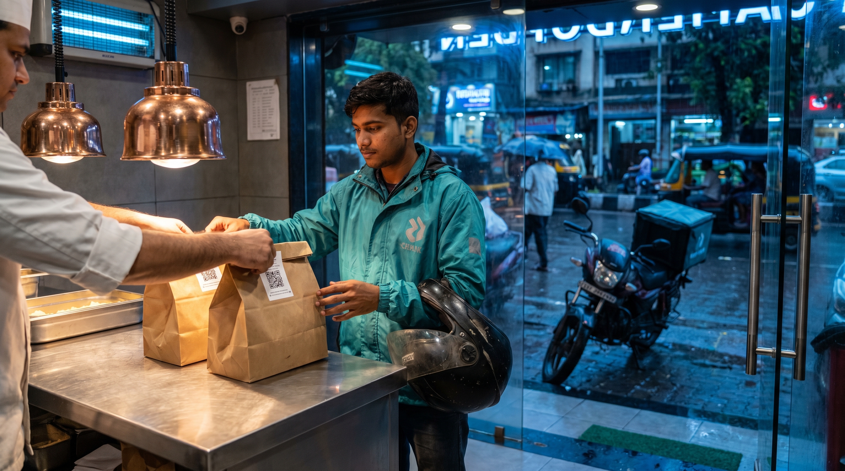 A delivery rider at a restaurant pickup counter receiving sealed paper bags from kitchen staff, with a rainy Mumbai street outside