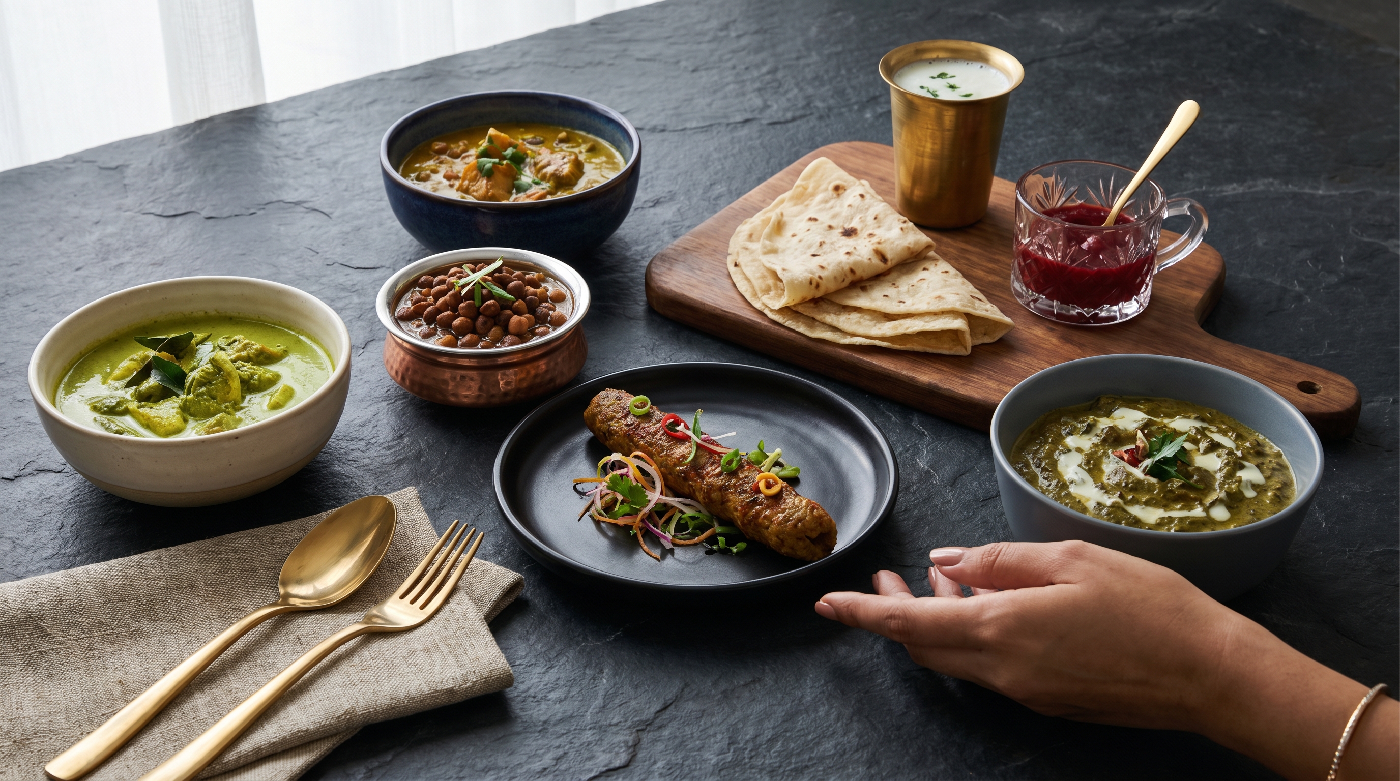 A beautifully composed modern Indian premium-casual tasting spread on a slate tabletop with hand-thrown ceramic bowls
