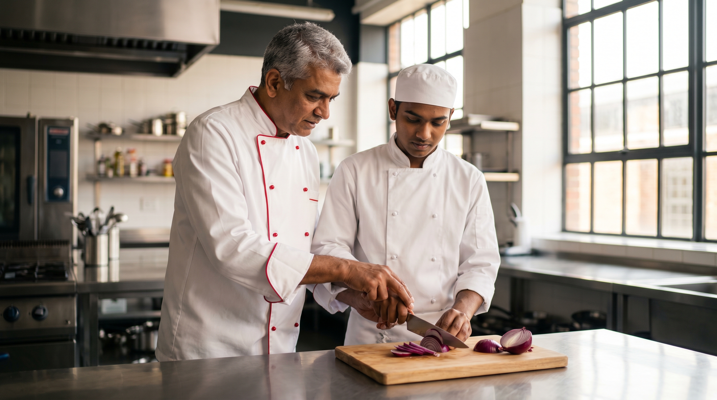 A senior Indian chef showing a younger commis how to handle a knife in a bright modern kitchen
