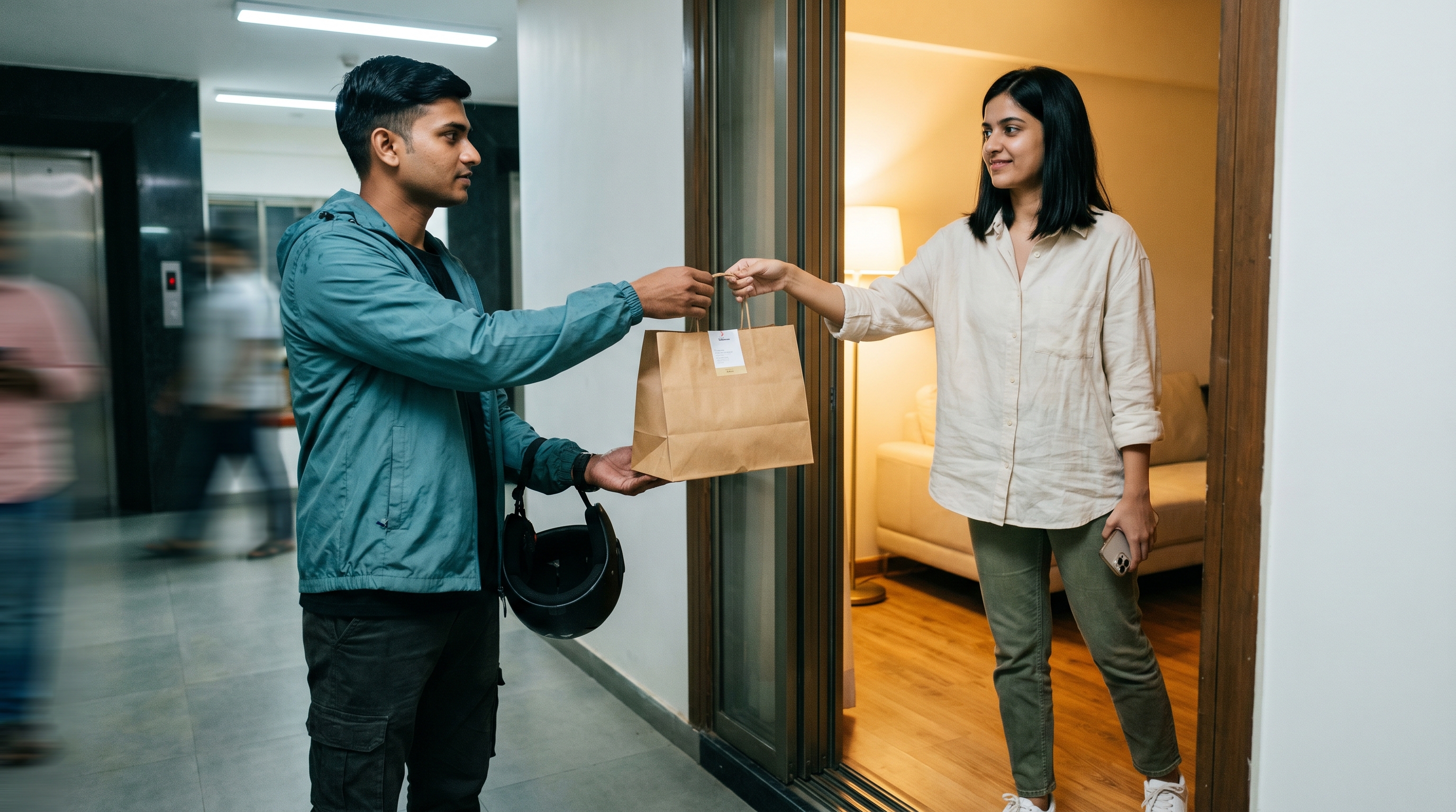 A delivery rider at the doorway of a contemporary Mumbai apartment, handing a sealed kraft-paper bag across the threshold to a young woman in a linen shirt
