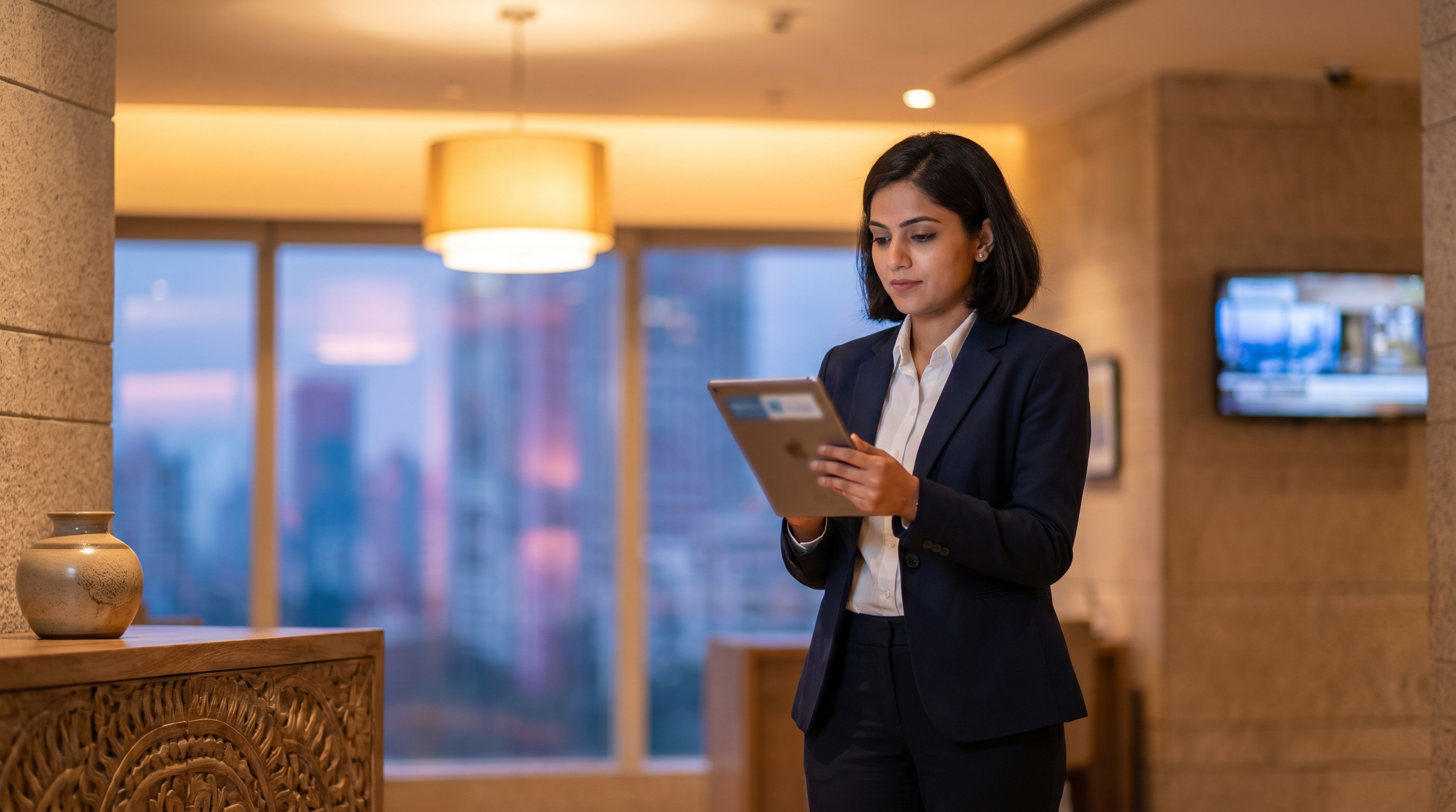 A composed young Indian hospitality manager in a smart navy blazer holding a tablet in a contemporary hotel lobby at golden hour, the city skyline lit up through a tall window behind her.