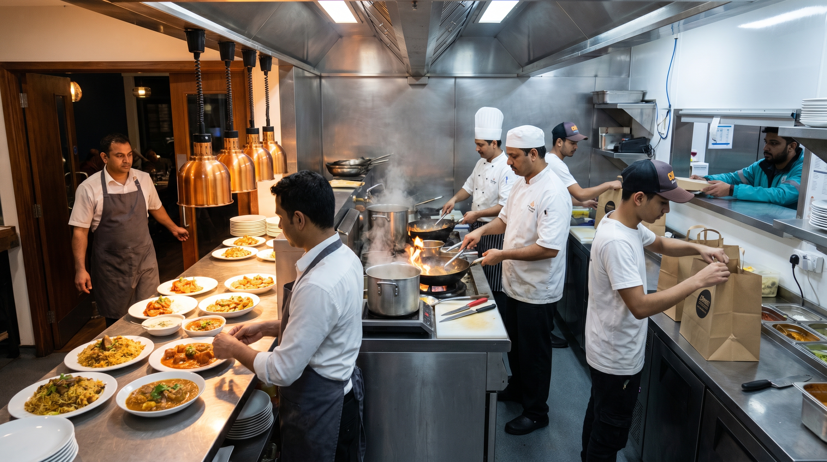 A hybrid restaurant kitchen with a dine-in pass on one side and a delivery dispatch counter on the other