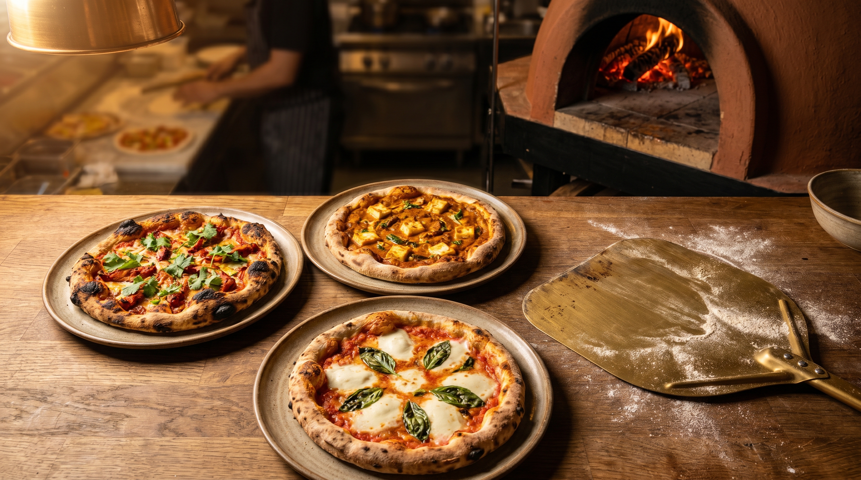 Three Indian-style pizzas — a tandoori chicken, a makhani paneer and a slim Neapolitan — plated on hand-thrown stoneware beside a brass pizza peel, with a wood-fired oven glowing in the background.