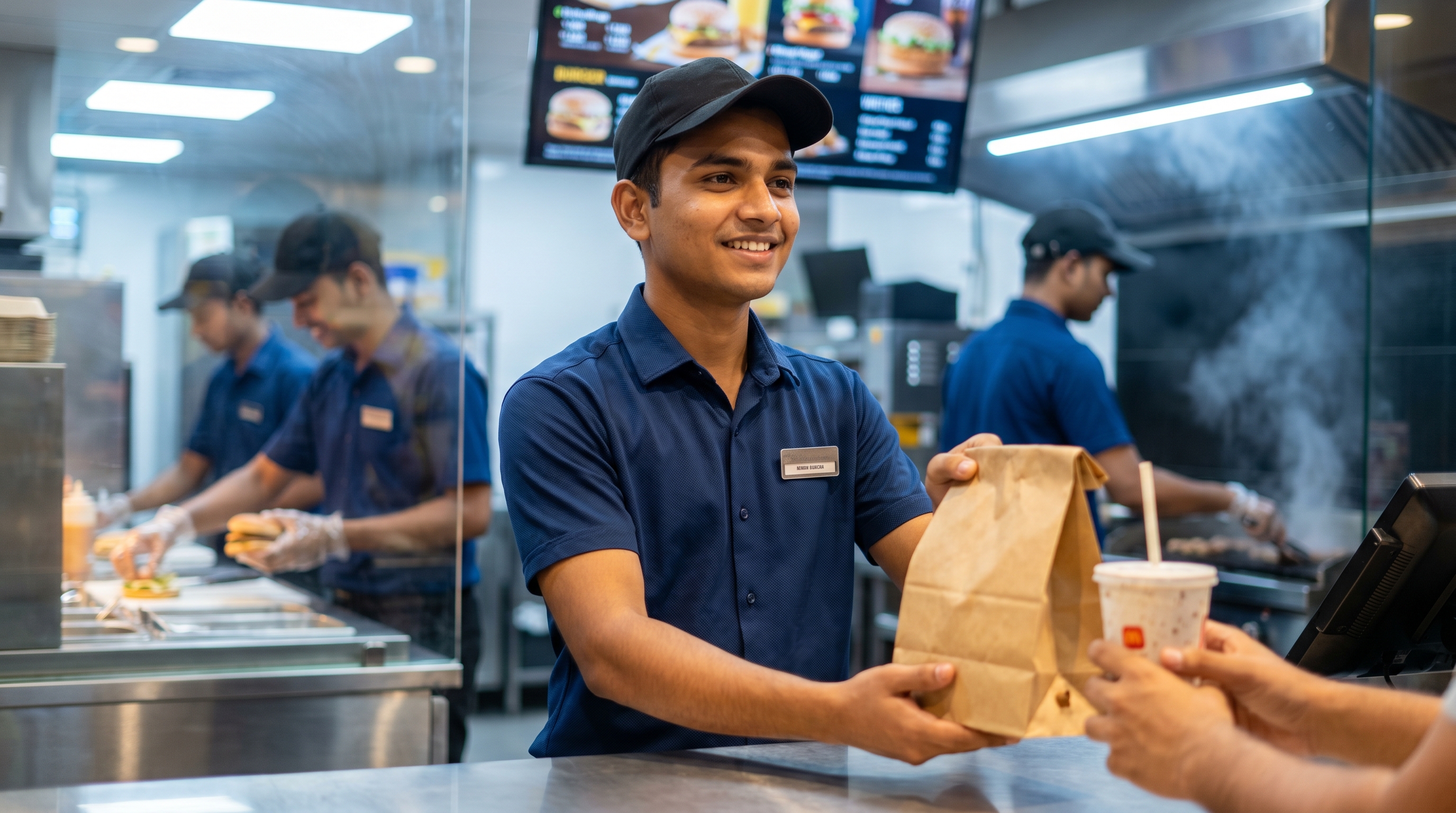 A young Indian QSR crew member smiling as he hands a paper bag to a customer at the order pickup counter