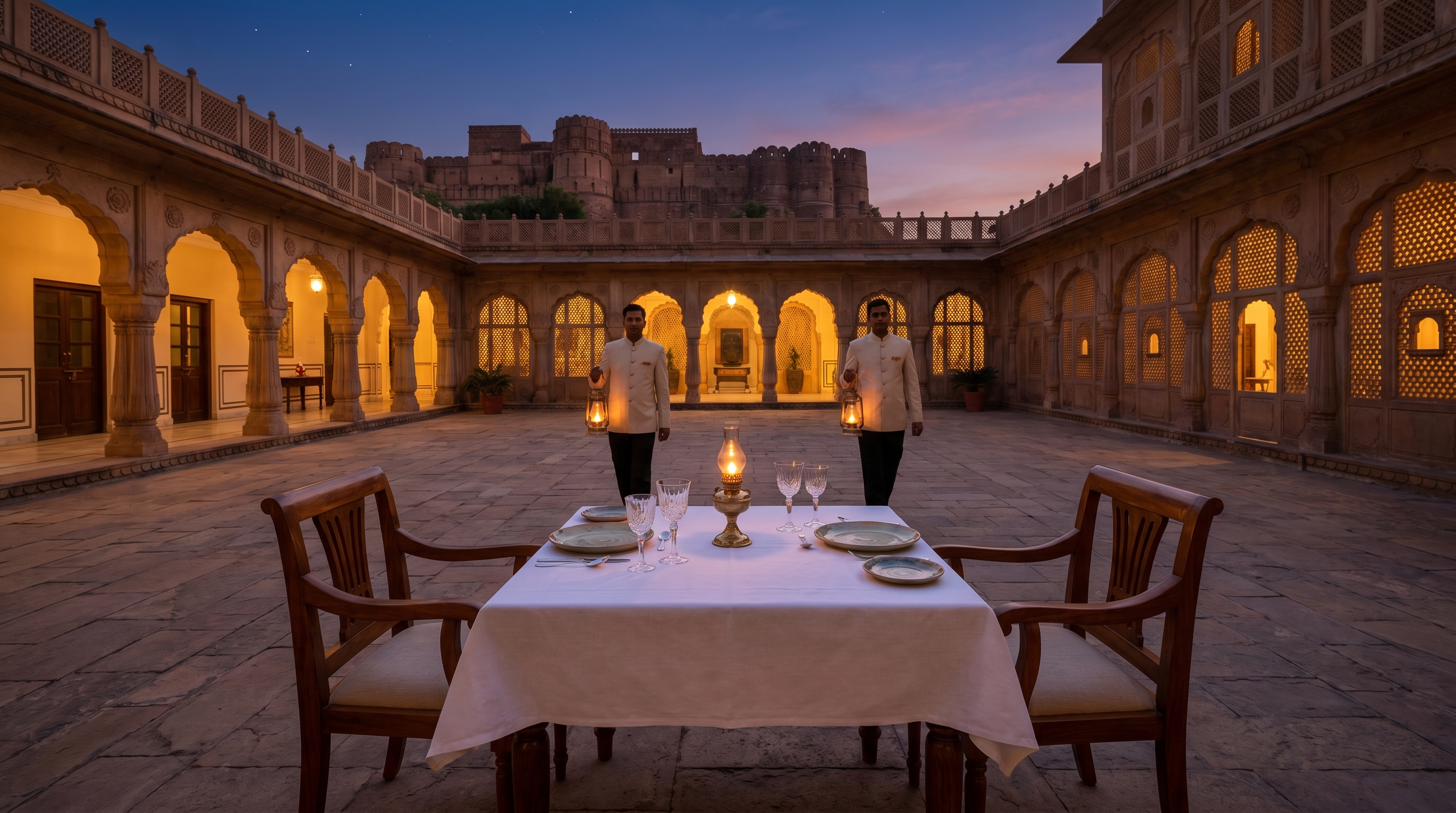 A private outdoor dinner setup at dusk in a Rajasthani heritage haveli courtyard — linen, fine crystal, hand-thrown ceramics, brass oil-lamps, lit lanterns approaching, the silhouette of a fort against a deep dusk sky.