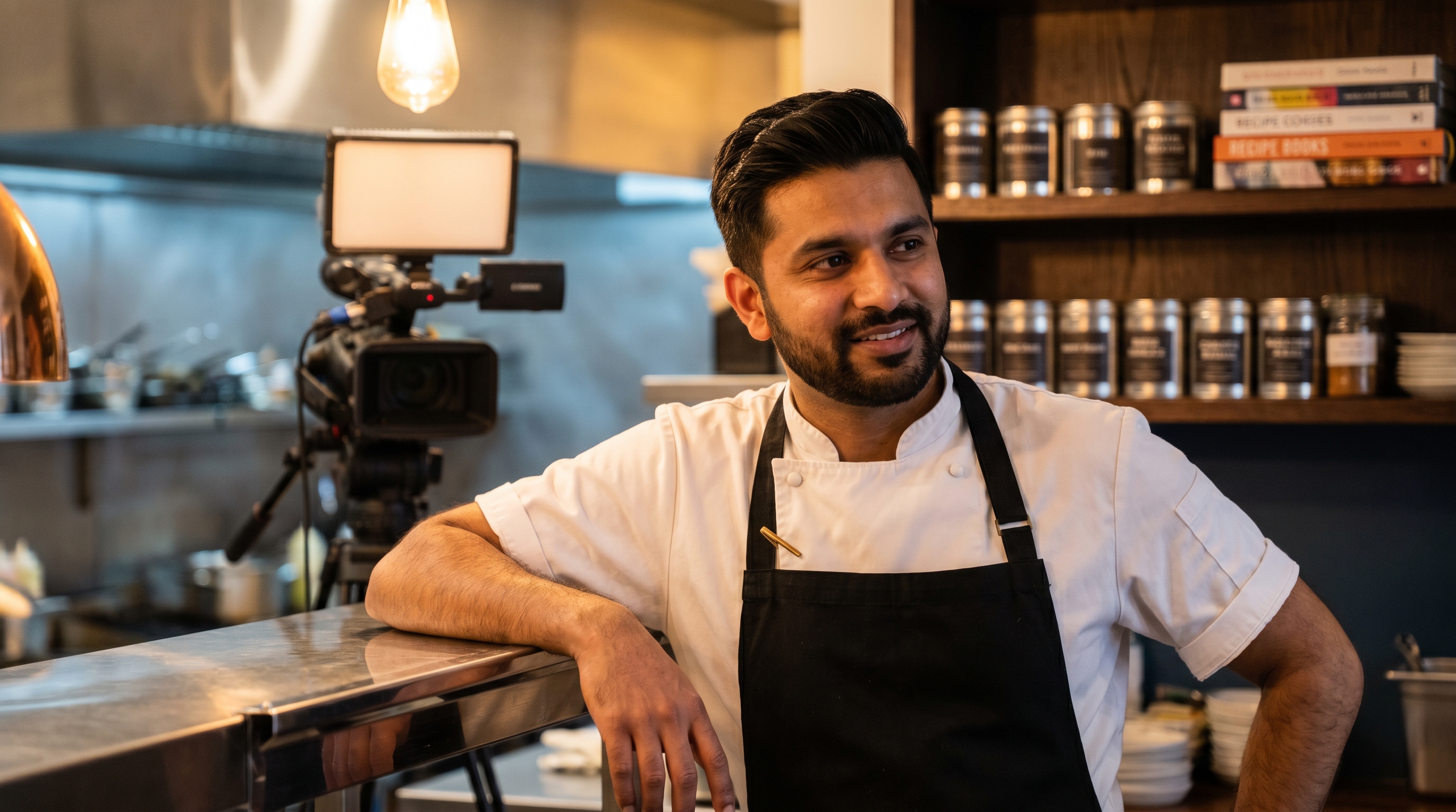 A confident Indian chef in pristine whites at the pass of a modern restaurant kitchen, a broadcast camera and a curated shelf of cookbooks and packaged spice tins suggesting the merchandise side of the business.