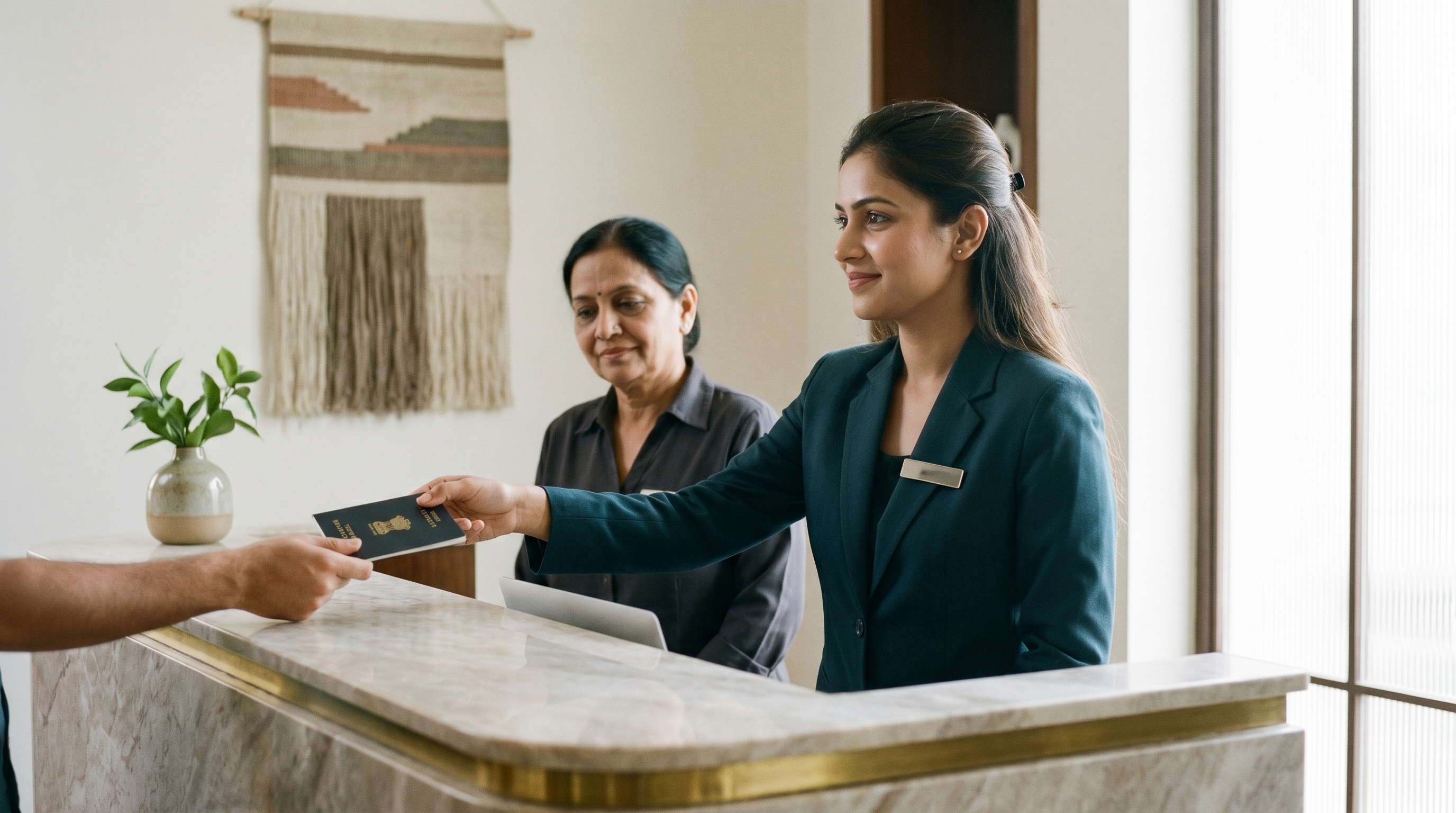 A young Indian woman working as the front-desk receptionist at a contemporary boutique hotel, calmly handing back a passport mid-check-in