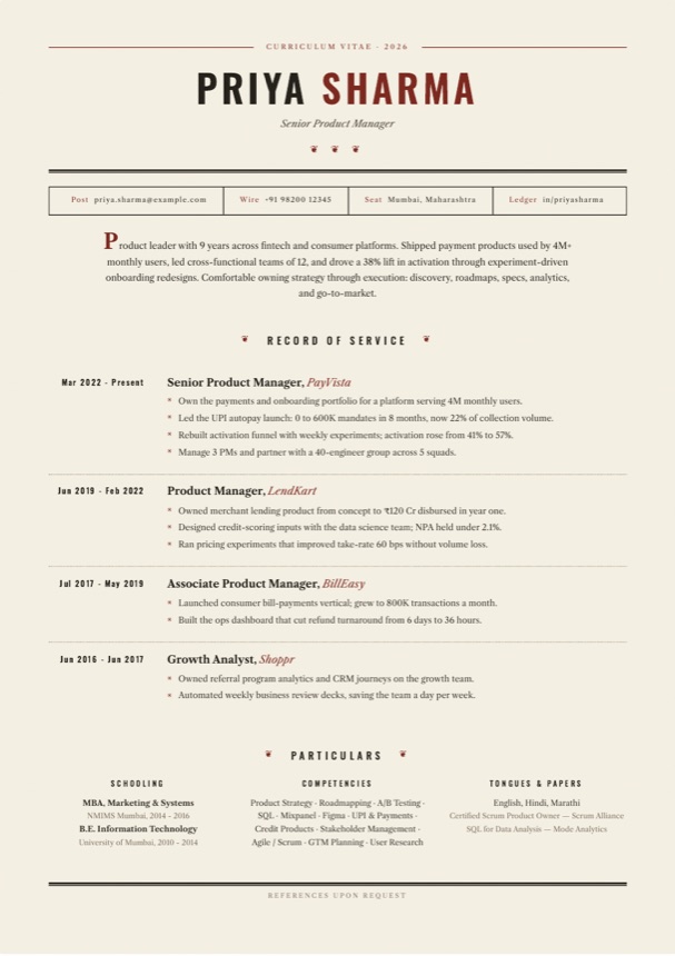 Letterpress resume template preview