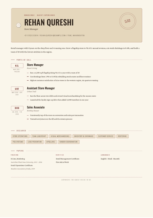 Concierge — Luggage Tag resume template preview