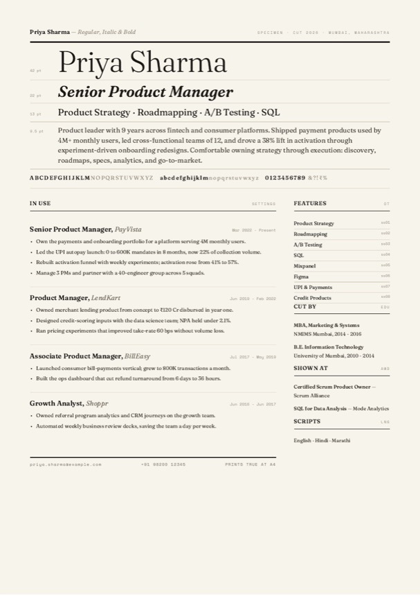 Specimen resume template preview